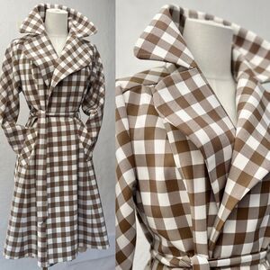 Vintage White & Tan Heritage Check Women's Trench Coat w/ Statement Collar OS